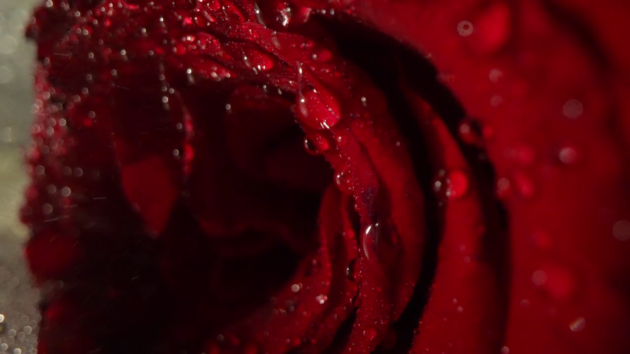 Close Up Shot Of Vibrant Wet Red Petals Of Rose Covered In Water Droplets From Rain.
