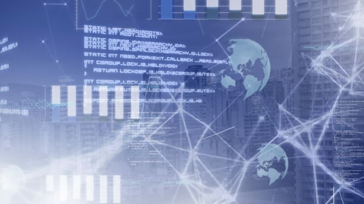 Animation of network of connections with data processing over cityscape