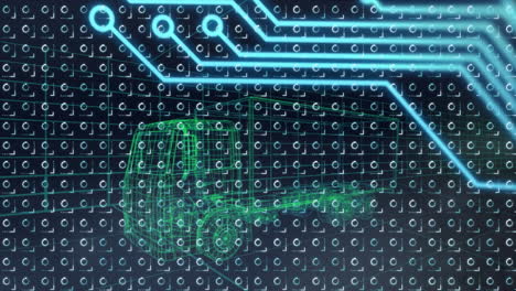 animación de la placa de circuitos y procesamiento de datos sobre el dibujo 3d del camión