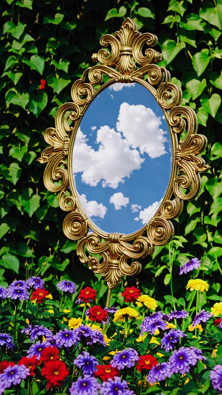 Specchio ornato che riflette cielo e nuvole, circondato da fiori vivaci e vegetazione.