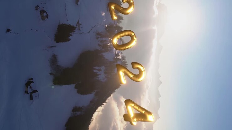 Luminosa vista aerea delle montagne svizzere con numeri dorati del nuovo anno 2024