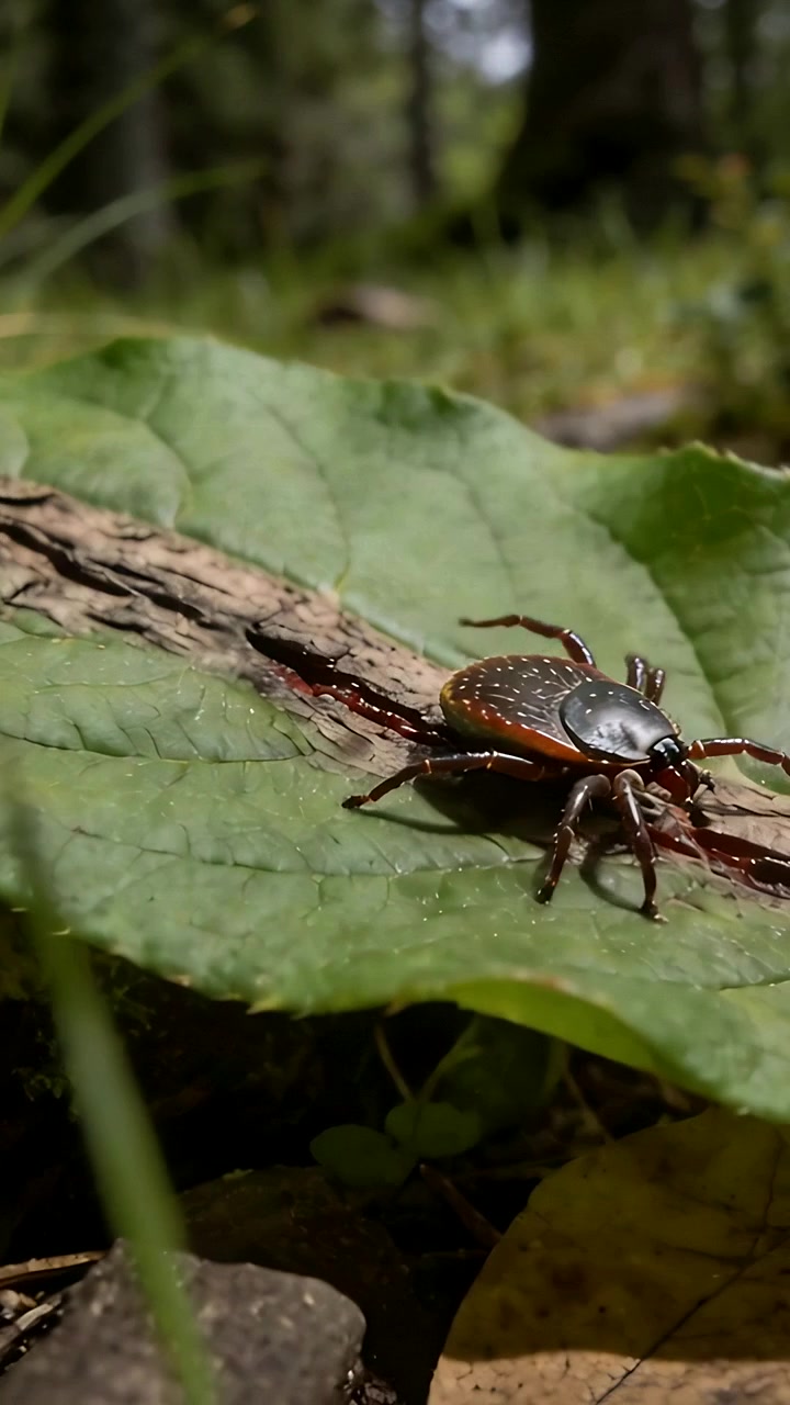 Vertical video: Shifting tick crawling along twig groove to leaf edge on leaf, red line visible