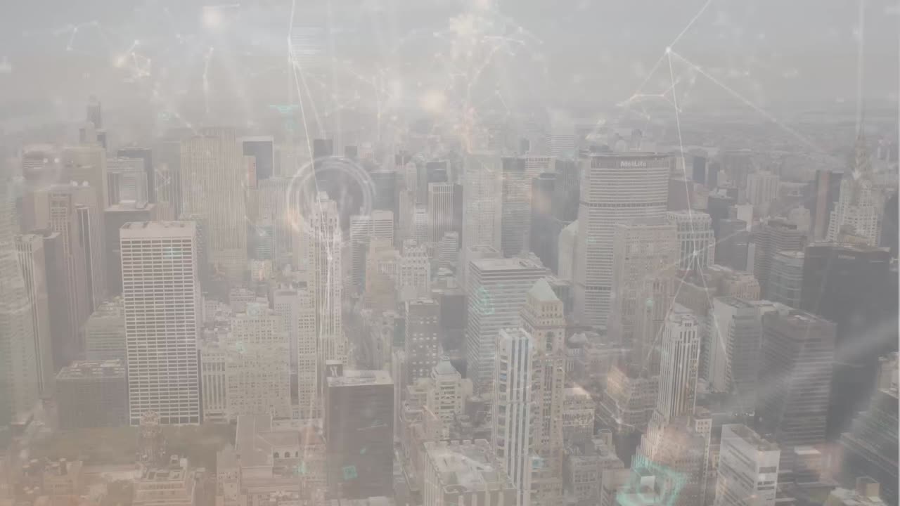 도시 풍경의 공중 시야에서 연결 네트워크와 여러 번 변하는 번호의 애니메이션