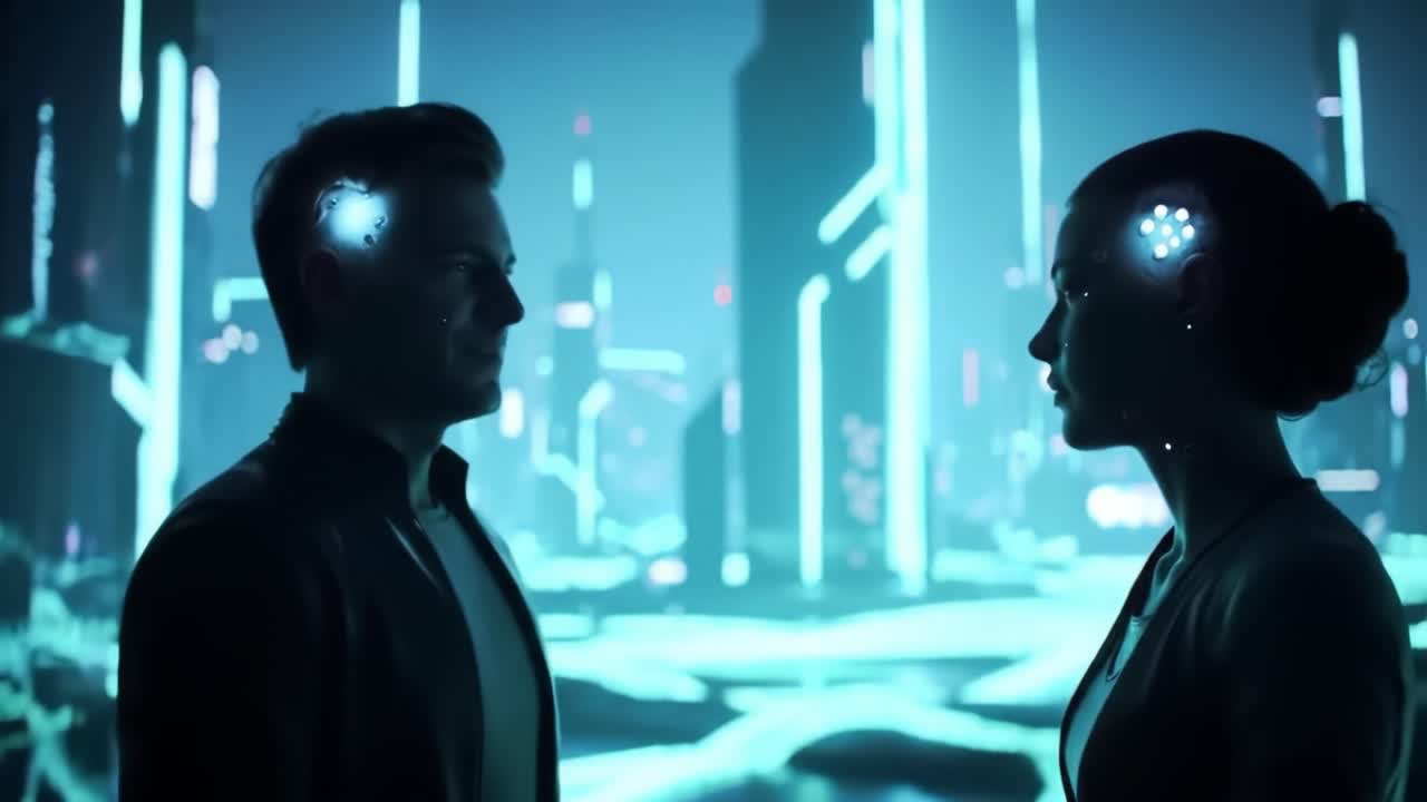 In a vibrant urban setting illuminated by neon lights, two individuals share a moment of connection. They stand face to face, surrounded by a stunning futuristic backdrop that enhances the atmosphere.