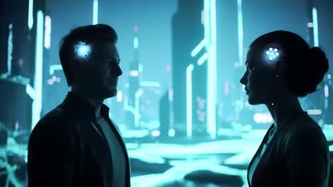 in a vibrant urban setting illuminated by neon lights, two individuals share a moment of connection. they stand face to face, surrounded by a stunning futuristic backdrop that enhances the atmosphere.
