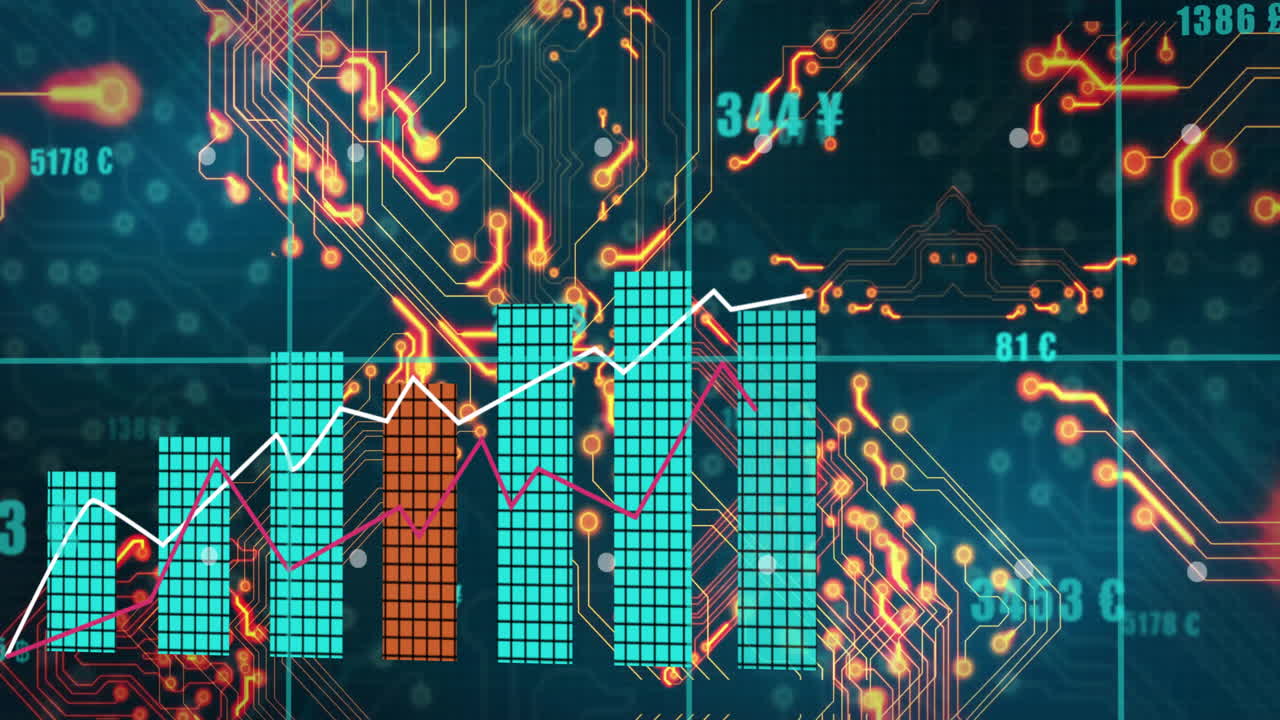 Circuit board and financial data processing animation with bar graphs and numbers
