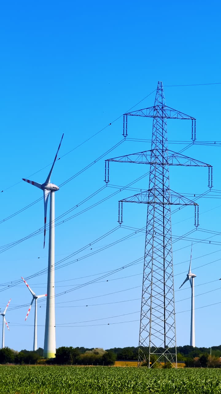 Turbines and power lines in blue sky. A row of wind turbines stands beside tall power lines against a bright blue sky, showcasing renewable energy sources