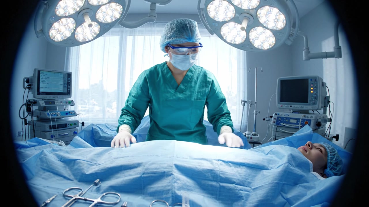 Un chirurgo esperto esegue un'operazione critica in una sala operatoria ben attrezzata sotto luci intense con un paziente preparato per la procedura