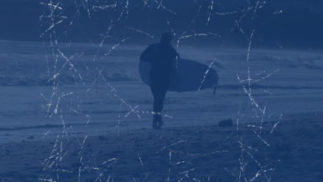 llevando la tabla de surf en la playa, el surfista disfrutando del día con la animación del filtro azul