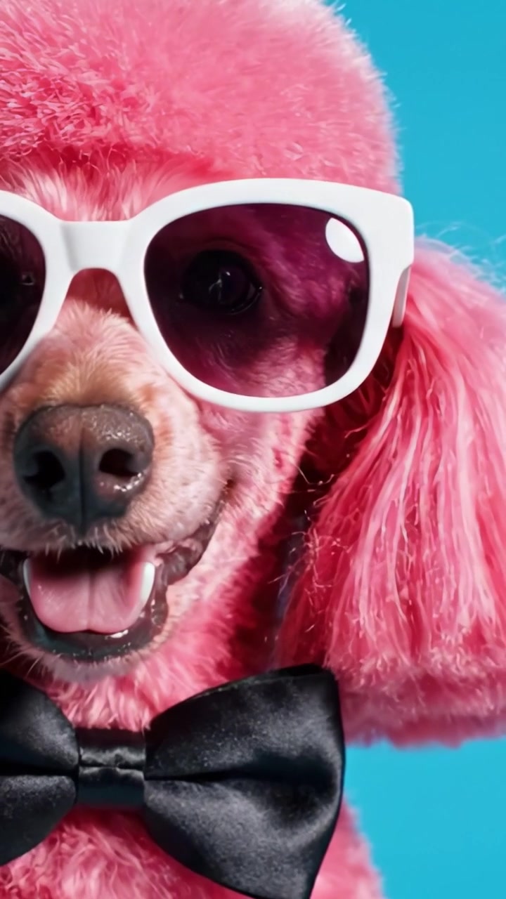 Un affascinante barboncino rosa vestito per impressionare: che sfoggia occhiali da sole e un papillon su uno sfondo vivace in un'adorabile vetrina di moda e personalità per animali domestici.