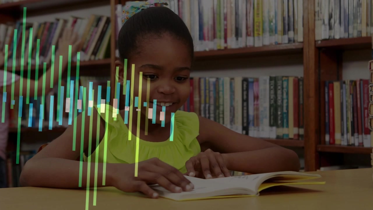 Student in green top flipping pages for education, causing translucent bars animating across scene