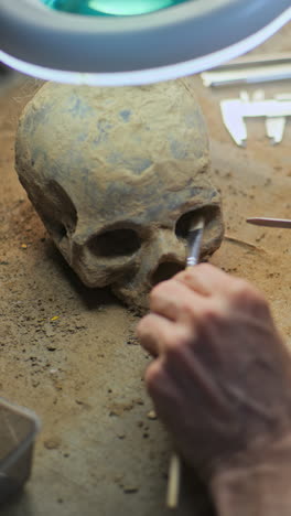 archaeologist cleaning a fossil skull