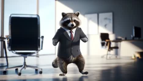 a raccoon wearing a suit performs a playful dance in a stylish office environment filled with modern furniture and large windows. natural light streams in, creating a lively atmosphere.