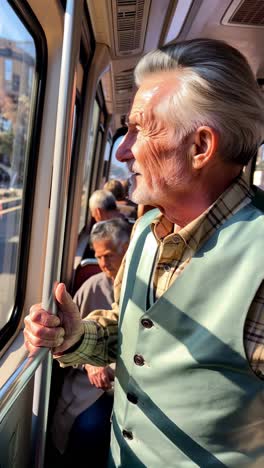 senior traveler standing on a crowded bus, lost in thought while exploring the city.