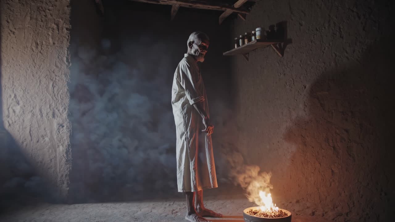 Elderly healer stands solemnly in a dimly lit ancient dwelling, performing a mystical herbal ritual as smoke rises from a burning bowl, creating a mysterious and spiritual atmosphere