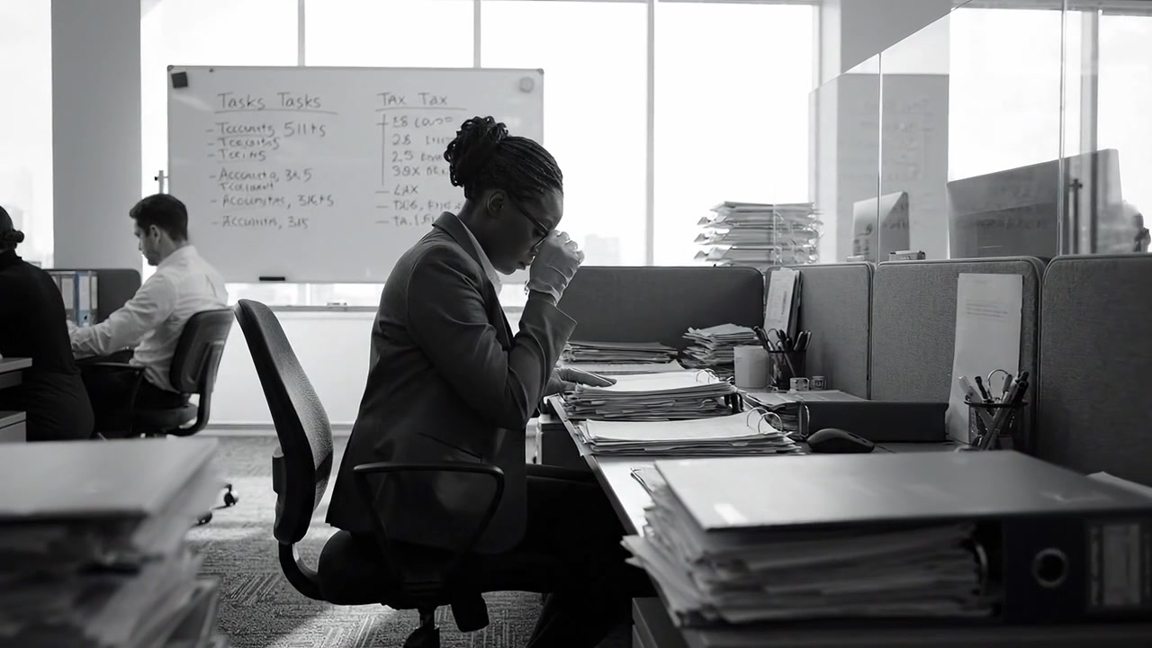 Focused Professional Working in an Office Environment with Documents and Task Lists on Display, Highlighting Productivity and Commitment to Work