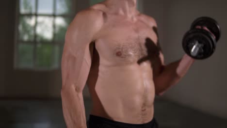 shirtless muscular man doing workout with dumbbells and sweat on his body. close up of man's torso during workout