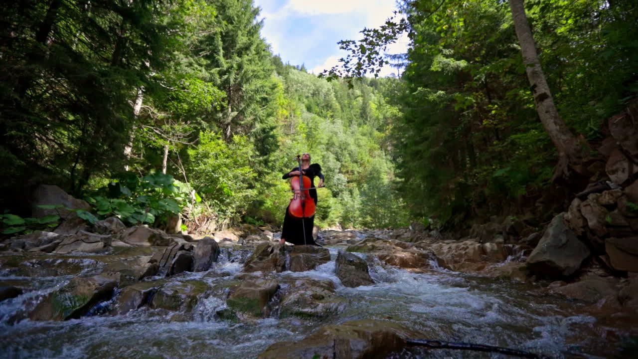 Beautiful girl plays the cello on nature landscape. Green trees and mountain river background.