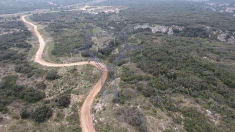 vista aérea de la línea eléctrica de alto voltaje en garrigue, francia.