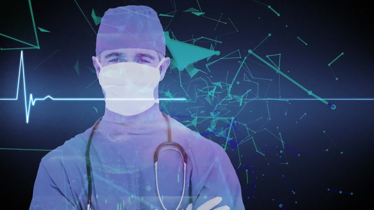 얼굴 마스크를 착용한 남성 의사, 심박수 모니터 녹음, 의료 데이터 처리 및 플렉서스 네트워크
