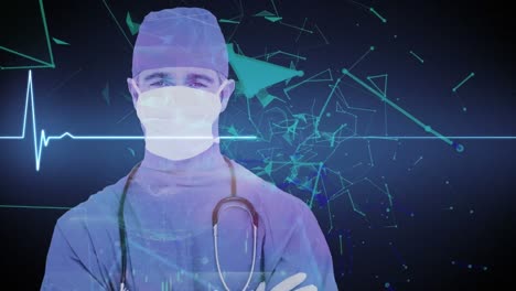male doctor wearing face mask, heart rate monitor recording, medical data processing and plexus netw