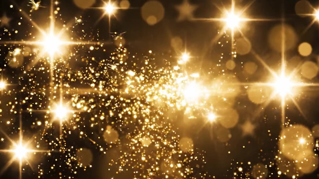 Uno spettacolo scintillante di bagliori dorati e stelle radiose su uno sfondo nero profondo, creando un'incantevole esperienza visiva di luce e magia
