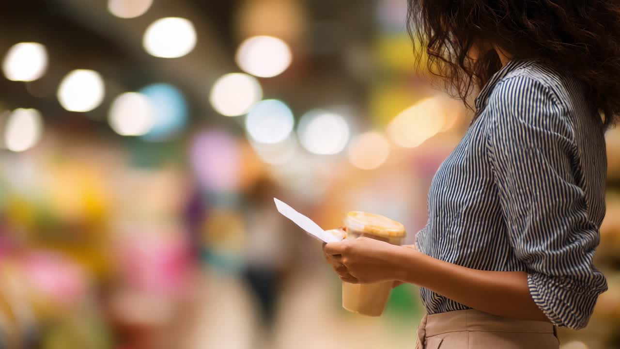 A woman in a stylish outfit, holding a beverage and a receipt, stands in an active marketplace, surrounded by blurred colorful stalls, enjoying her shopping experience