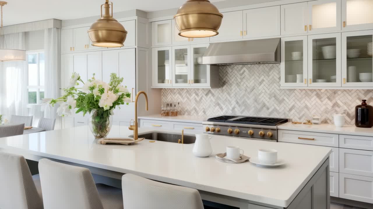 Bright, modern kitchen with a wide-angle view. Features elegant white cabinetry, gold accents