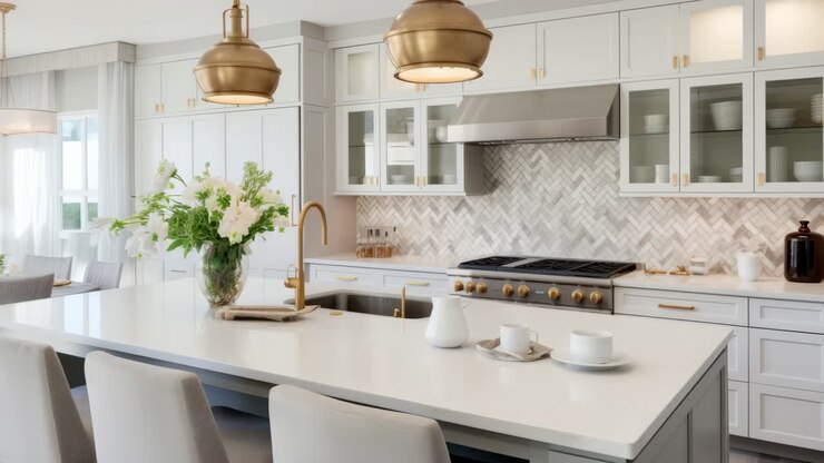 Cucina luminosa e moderna con visuale grandangolare. Presenta eleganti mobili bianchi e dettagli dorati