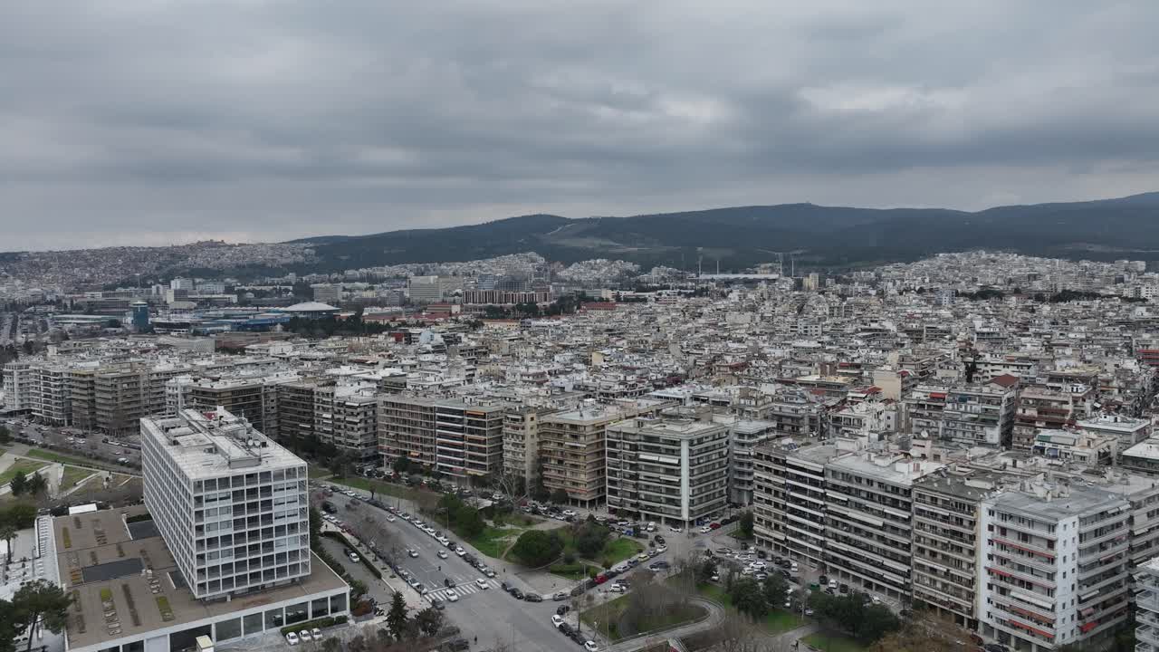 Thessaloniki city skyline with Makedonia Palace hotel on the left, aerial view