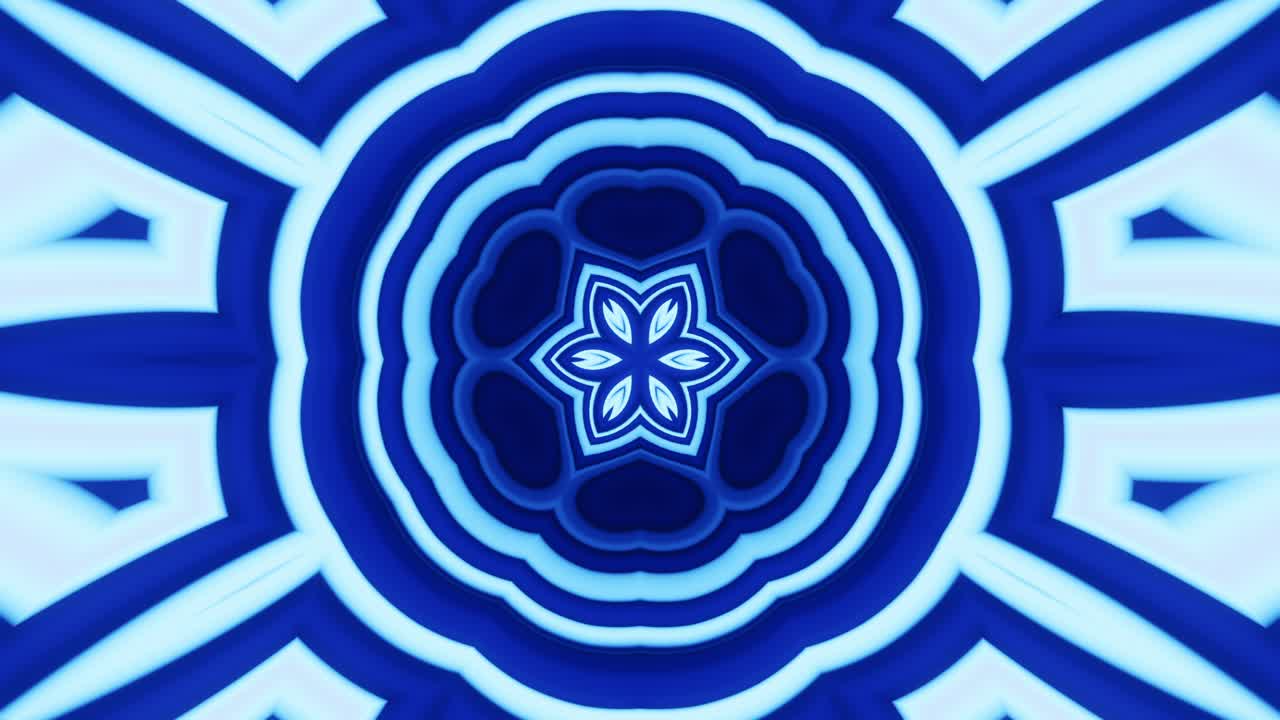 Psychedelic trance and deeper dreaming voyage in hypnotic white and blue - seamless looping trippy kaleidoscope corridor background for melodic psychill, time lapse chillout vj music videos