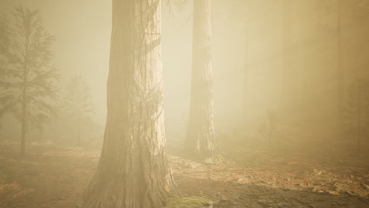 가을의 숲과 아침 안개의 나무