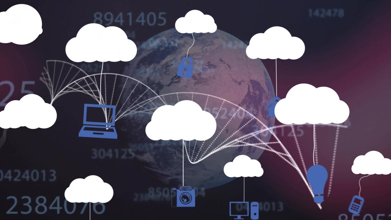 Animation af databehandling med ikoner og en DNA-streng over en globus på sort baggrund.