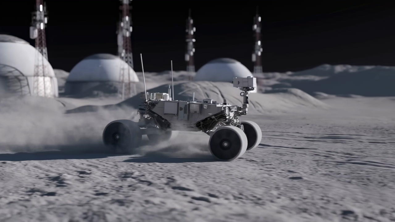 Lunar Rover Traversing Moon Colony Domes, Kicking Regolith Dust Past Antenna Towers, Rugged Wheels Carving