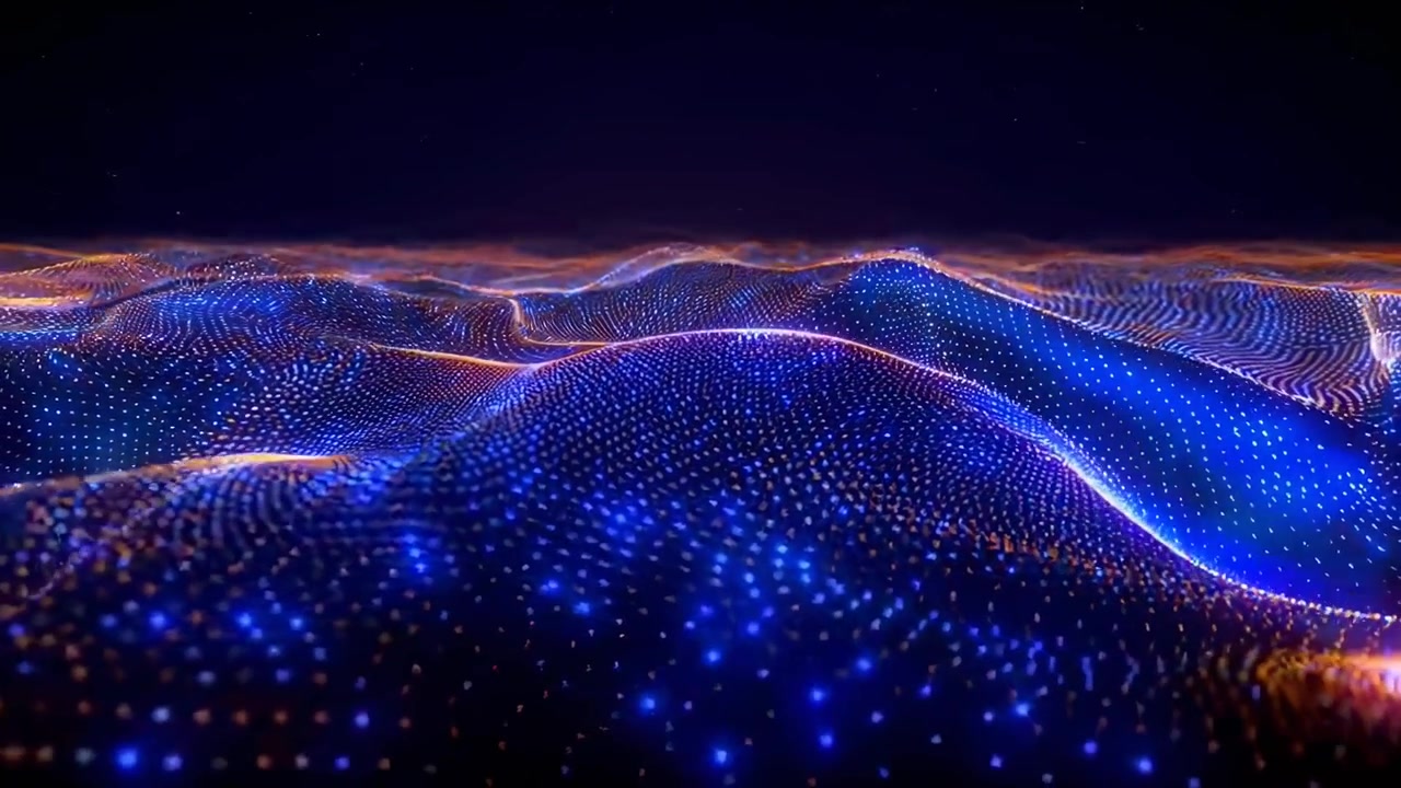 Abstract Digital Wave of Glowing Blue and Orange Particles