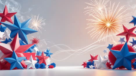patriotic celebration with red, white, and blue stars and fireworks