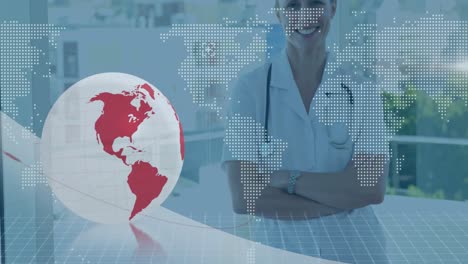 animation of globe and world map over caucasian female doctor at hospital