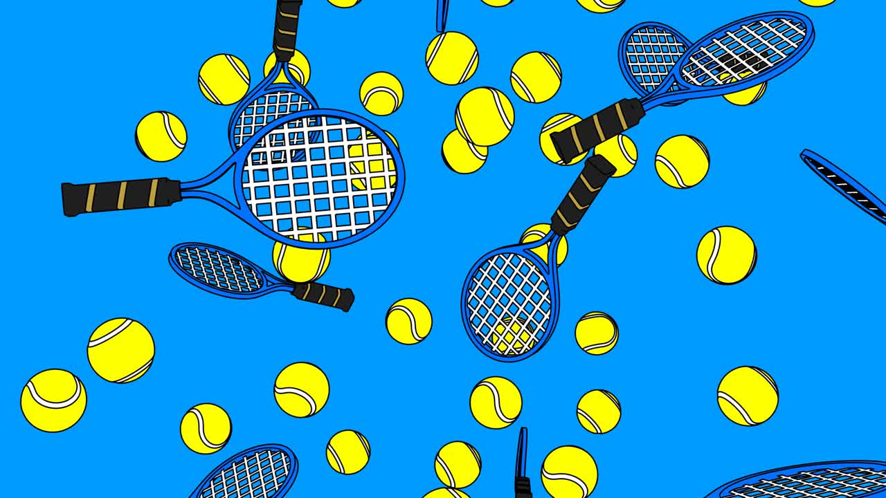 푸른 바탕에 푸른 스타일의 테니스 공과 푸른 테니스 래켓.