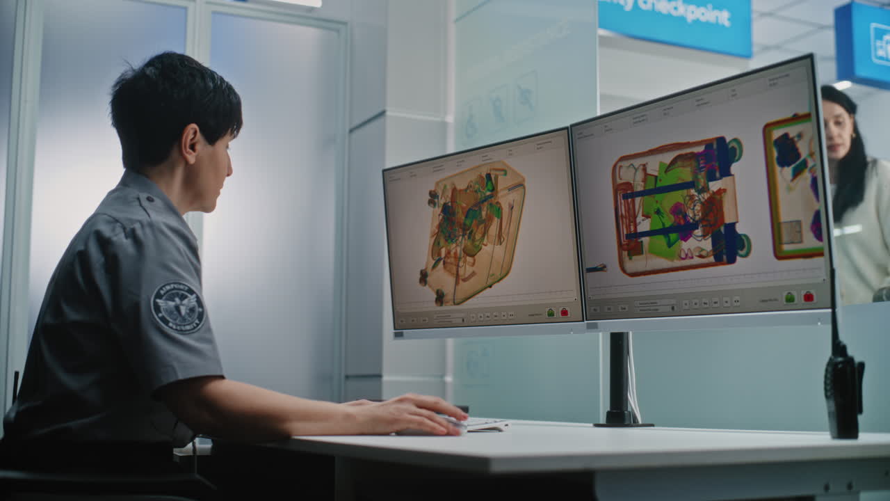 Airport Security Officer Inspecting X-Ray Scanned Luggage