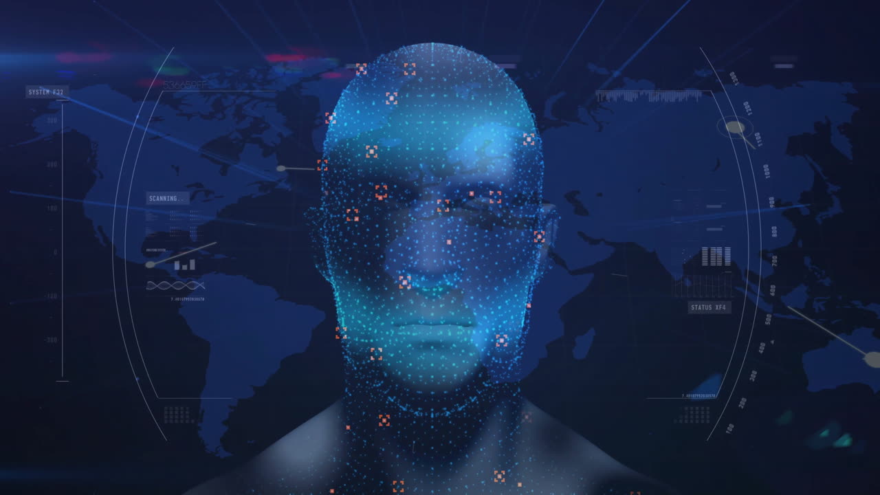 Animation of digital human model over scope scanning with world map on black background