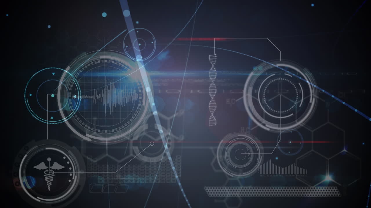 검은 바탕 위의 연결 네트워크와 의료 데이터 처리의 애니메이션