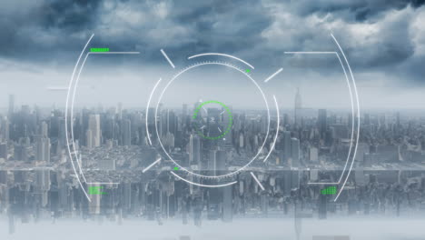 animation of circular scope scanning with data processing over modern cityscape