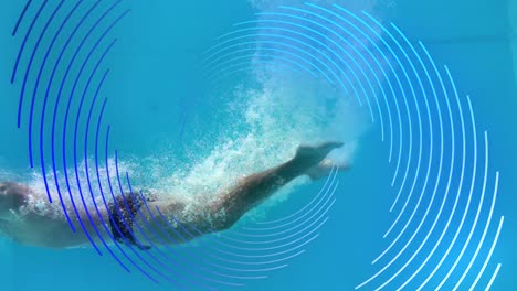 animation of rotating blue line spiral rotating over male swimmer underwater