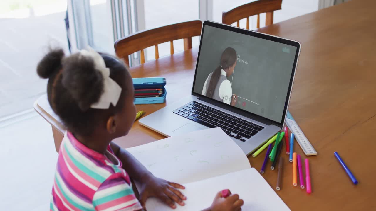 African american girl doing homework while having a video call with female teacher on laptop at home