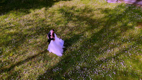 A hovering drone observes newlyweds kissing on a flower-speckled lawn as dramatic tree shadows ladder the grass, a tender, cinematic pause wrapped in spring calm and open space