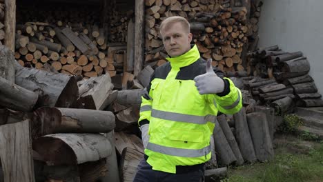 Lumberjack-in-reflective-jacket.-Man-woodcutter-show-thumb-up.-Sawn-logs,-firewood-background