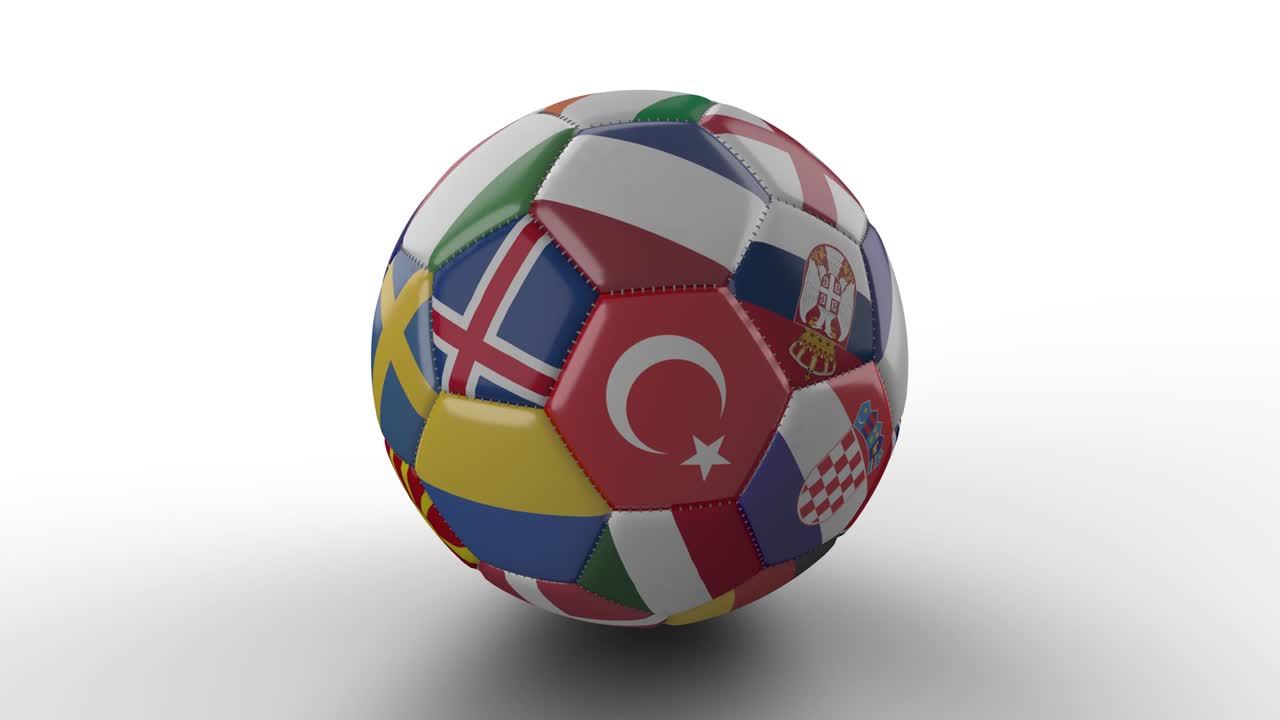 유럽 국가의 발이 있는 축구공이  표면에서 회전합니다.