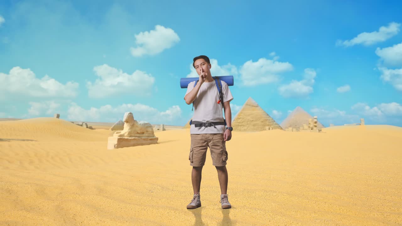 Full Body Of Asian Male Hiker With Mountaineering Backpack Looking At Camera And Making Shh Gesture While Traveling In Pyramid Of Giza