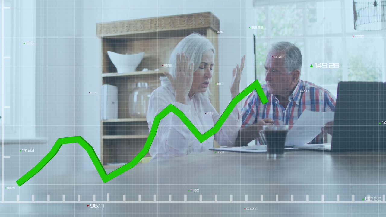 Animation af finansiel databehandling over et ældre kaukasisk par, der bruger en bærbar computer