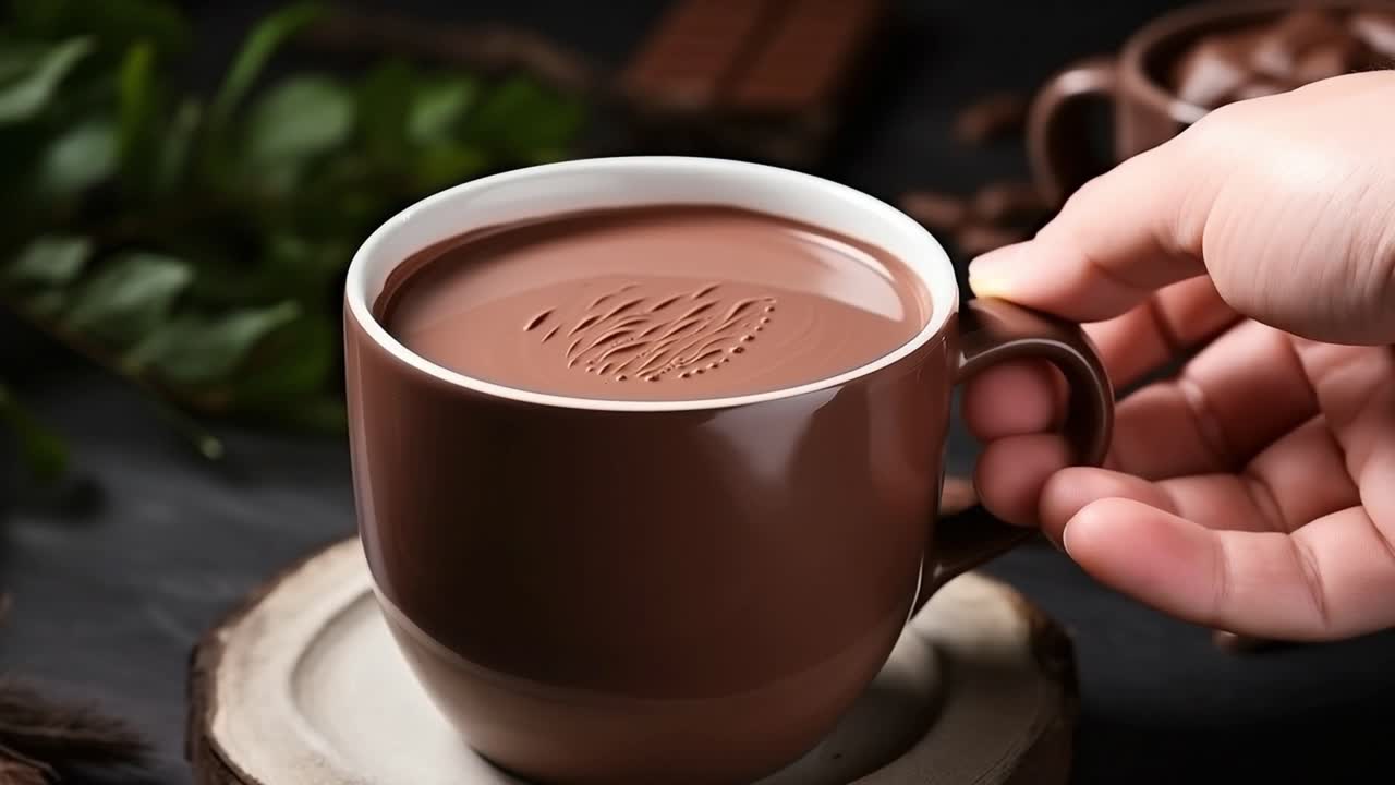 Steaming mug of rich hot chocolate resting on a rustic wooden coaster, with a hand reaching for the warm beverage, inviting moments of comfort and indulgence in a cozy atmosphere